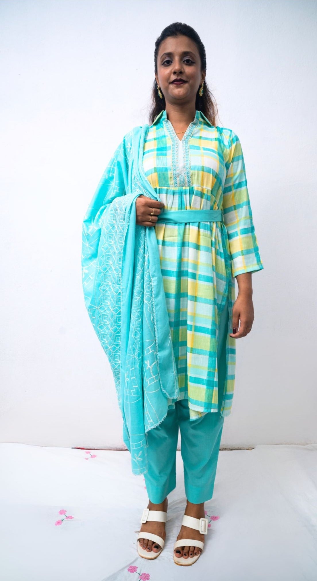 Green Checkered Cotton with embroidery Dupatta