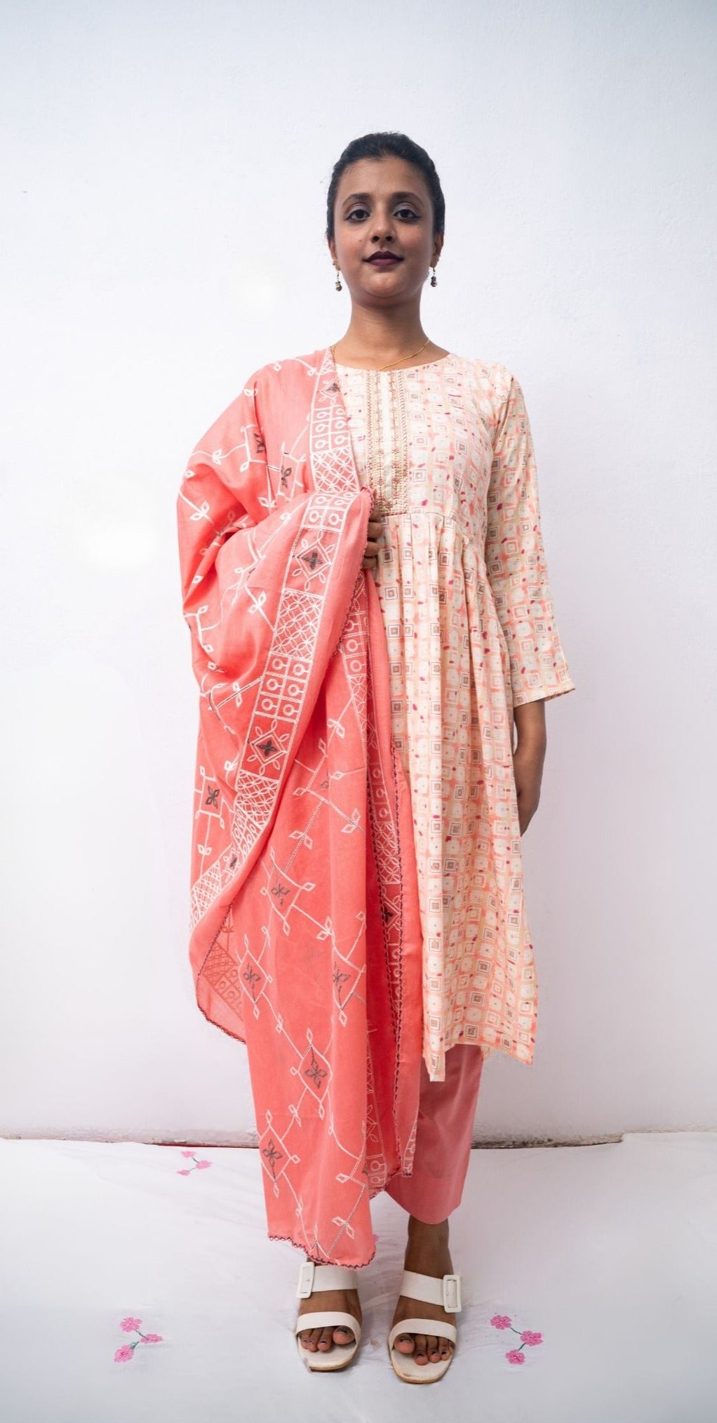 Flamingo Pink printed Cotton with embroidery Dupatta