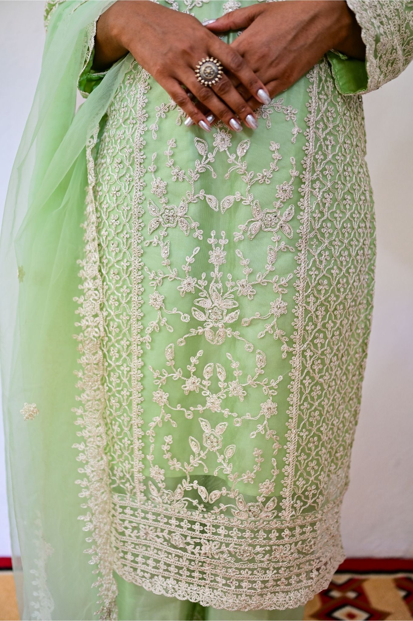 Pista Green heavy butterfly net with coding embroidery work + diamond work Ethnic set