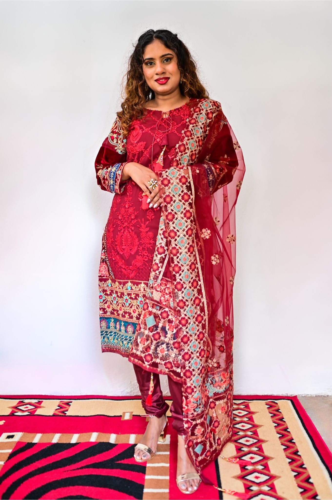 Maroon Georgette sequence embroidery Ethnic set with butterfly net dupatta
