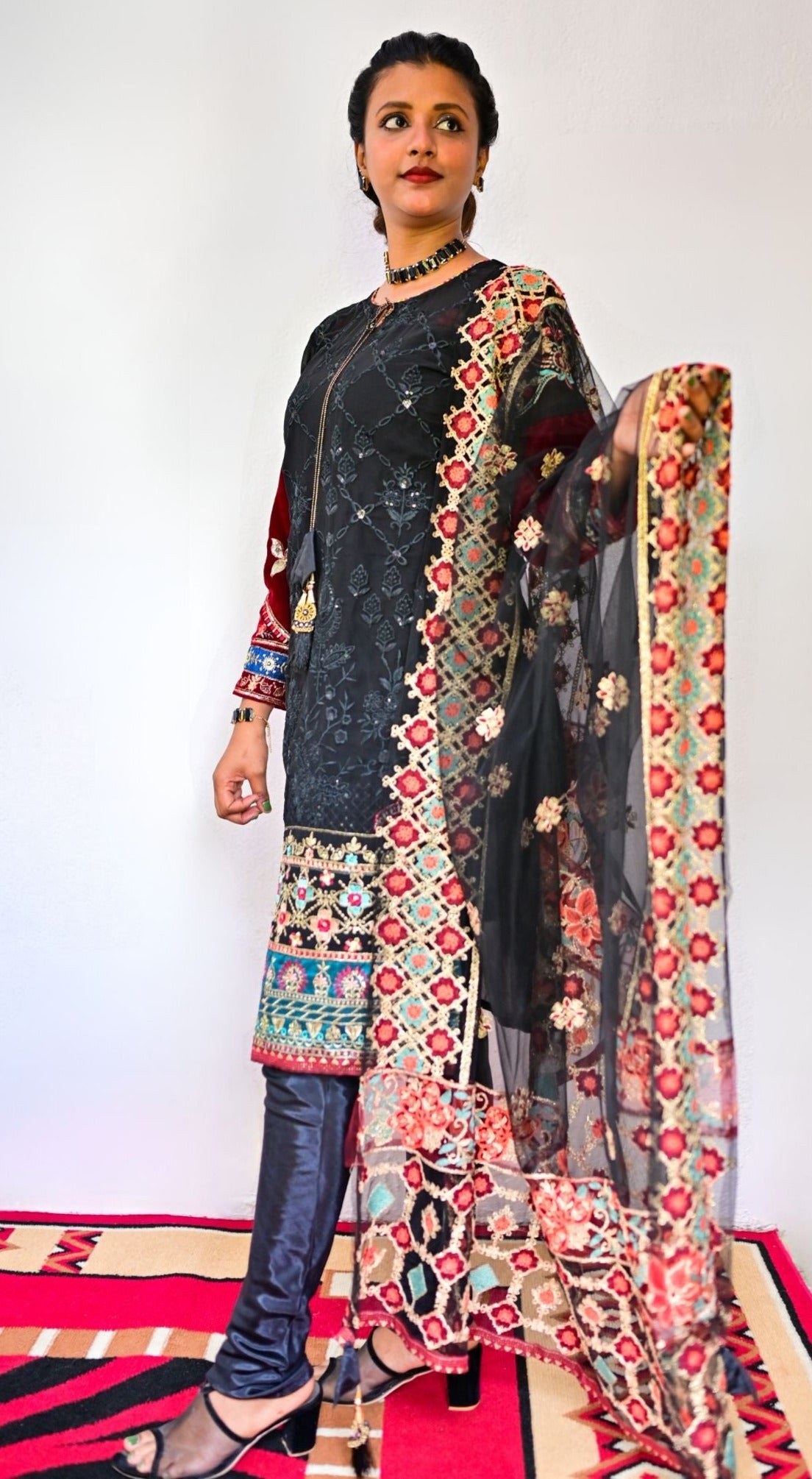 Black Georgette sequence embroidery Ethnic set with butterfly net dupatta