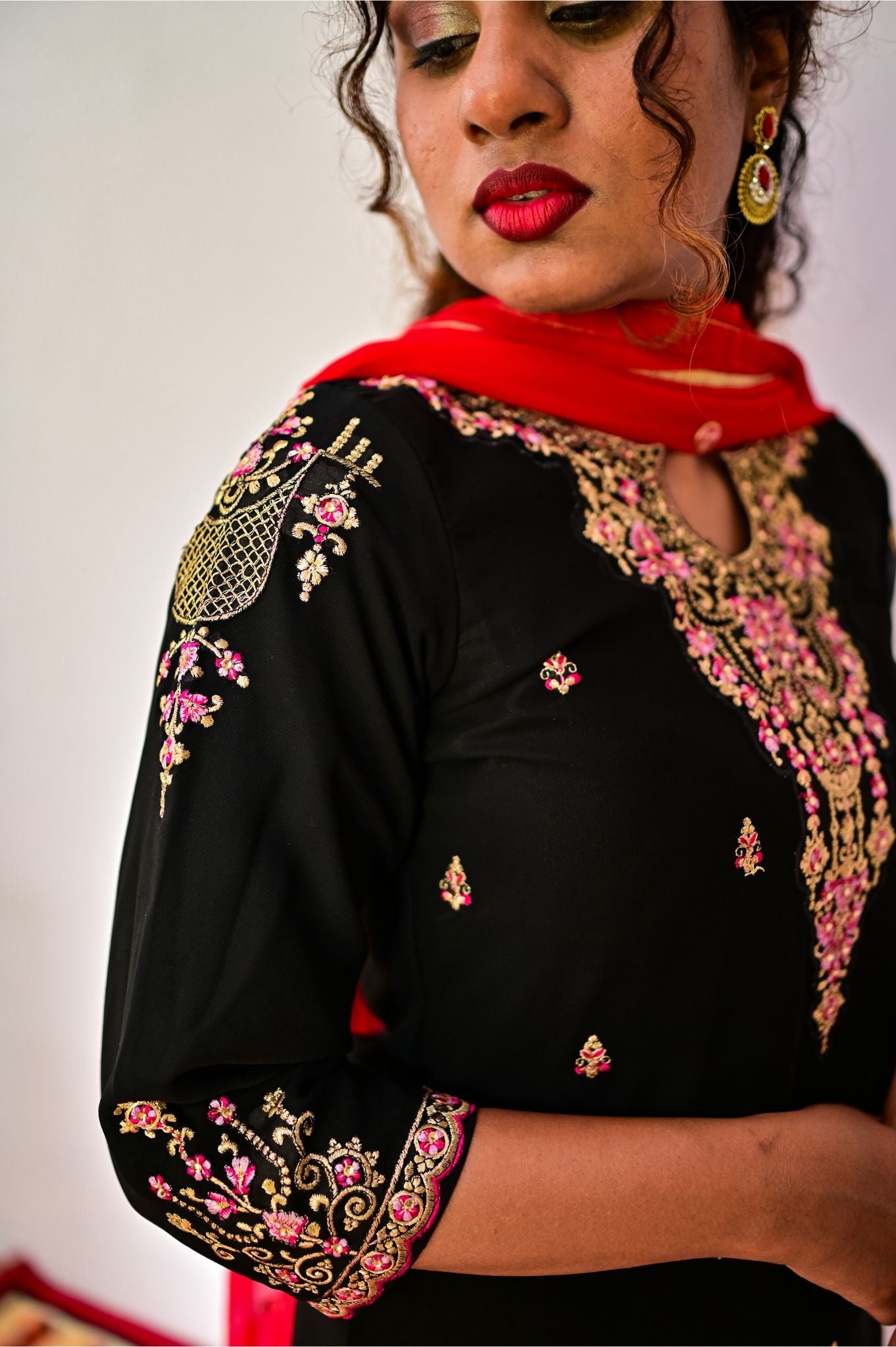 Black and Red georgette embroidery work Sharara with heavy faux dupatta