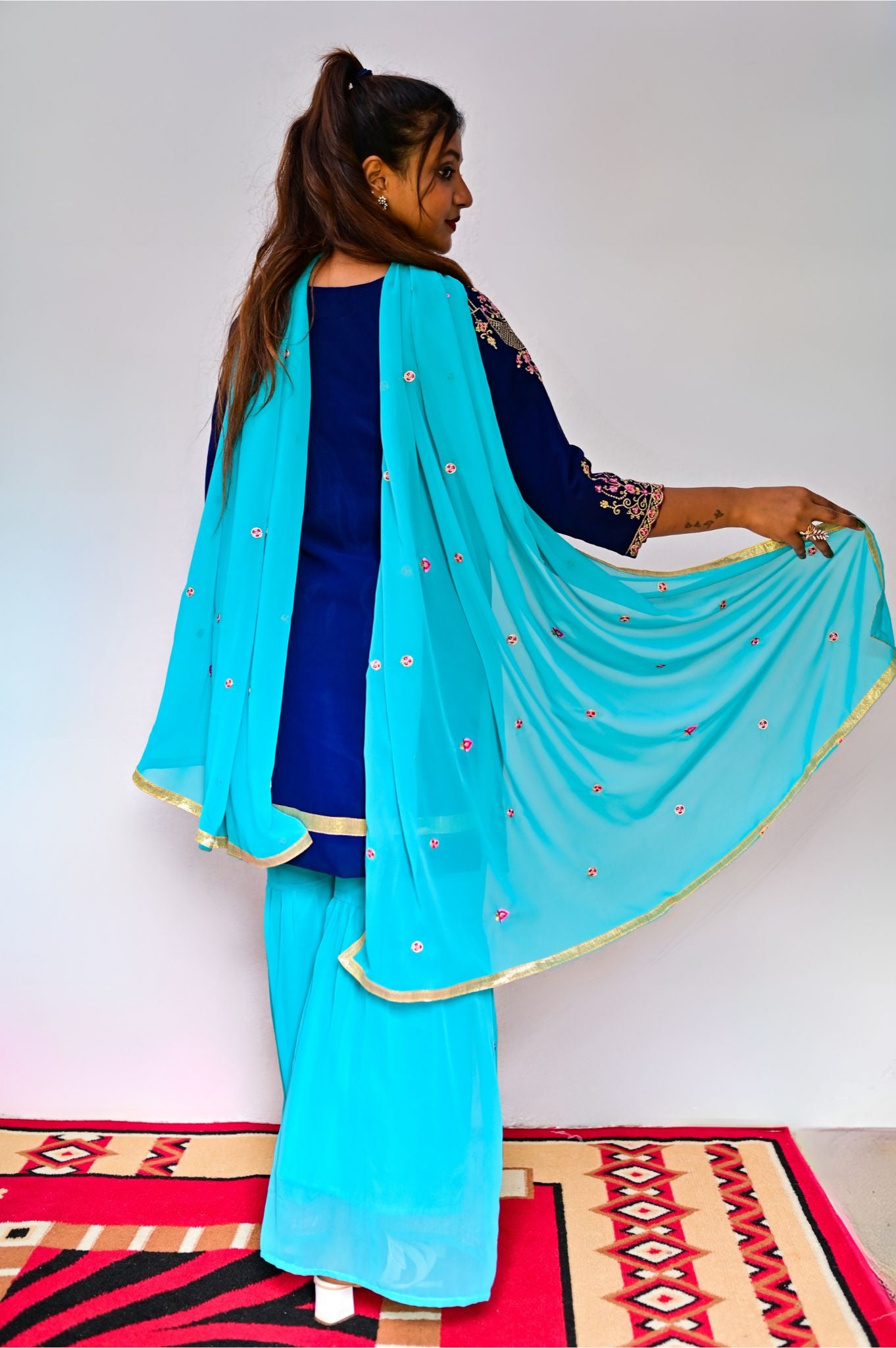 Indigo Blue and Aqua Blue georgette embroidery work Sharara suit with heavy faux dupatta