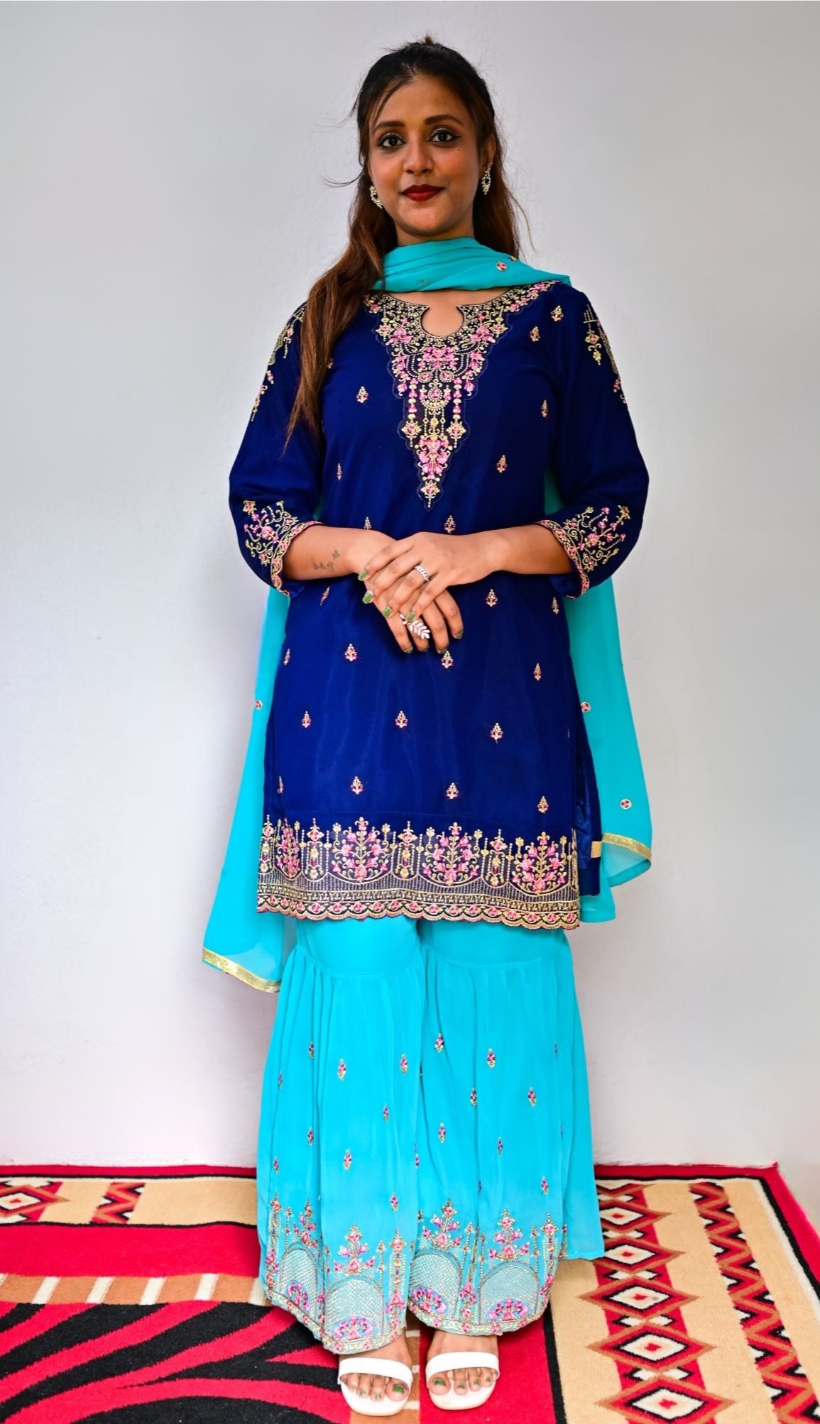 Indigo Blue and Aqua Blue georgette embroidery work Sharara suit with heavy faux dupatta