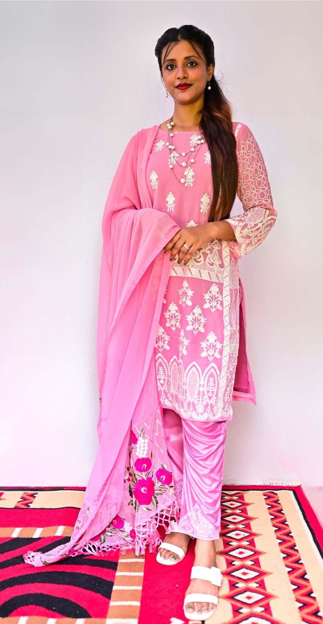 Candy Floss Pink Georgette heavy embroidery with Nazneen dupatta