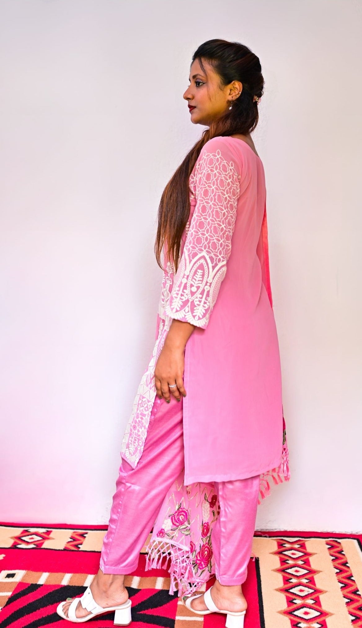 Candy Floss Pink Georgette heavy embroidery with Nazneen dupatta