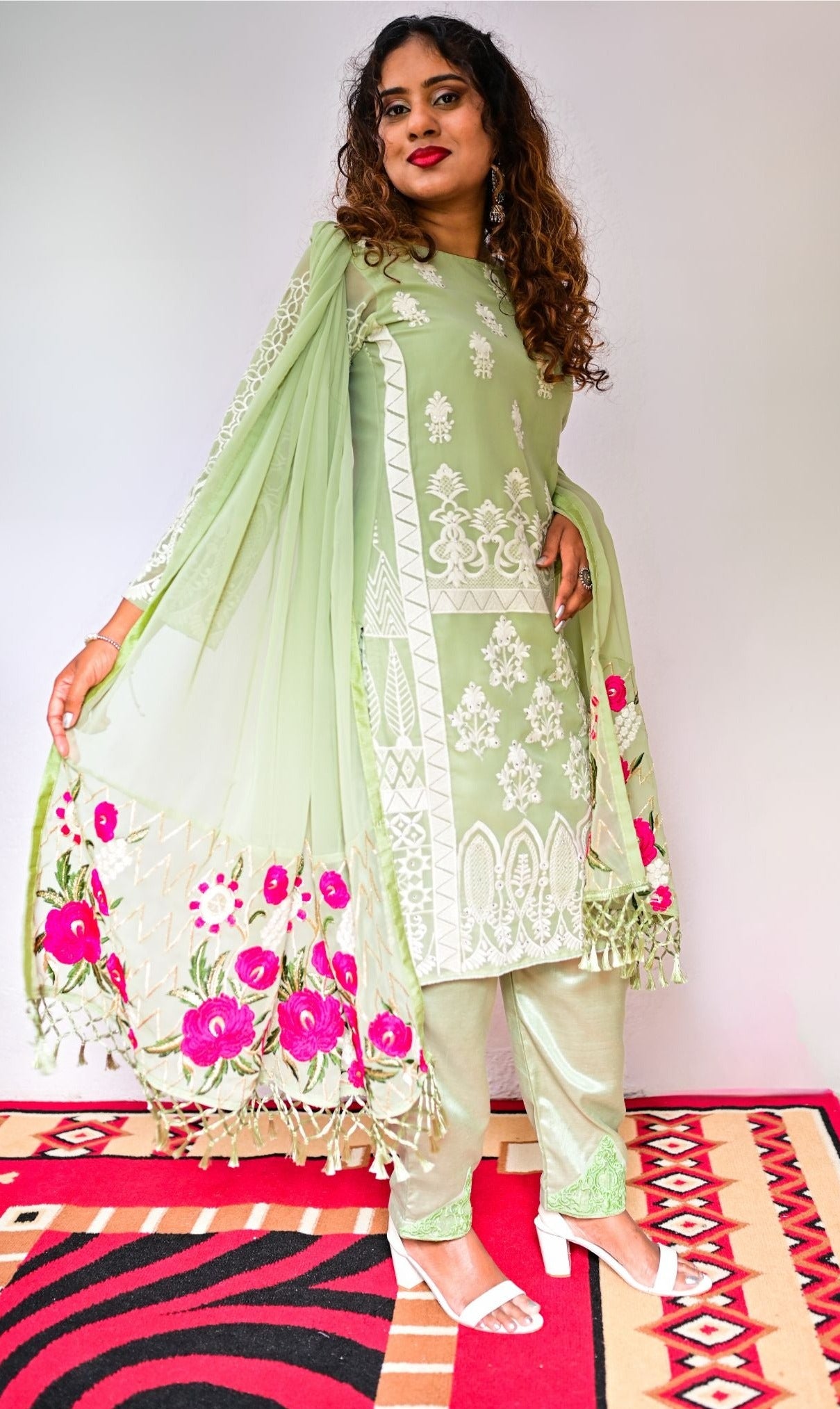 Georgette Pista Green heavy embroidery with Nazneen dupatta