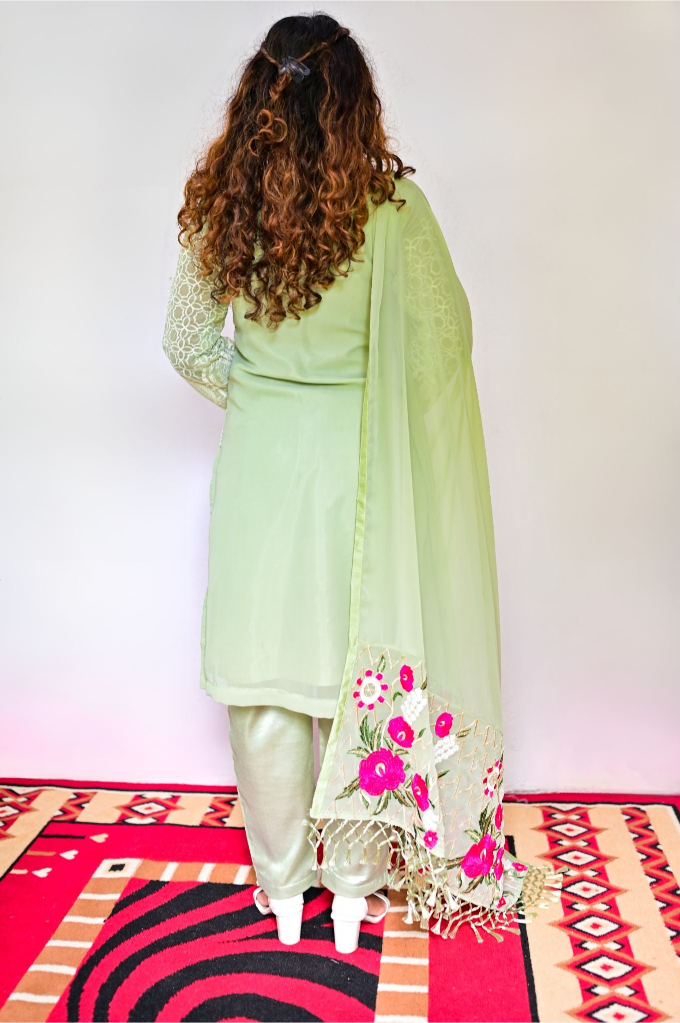 Georgette Pista Green heavy embroidery with Nazneen dupatta