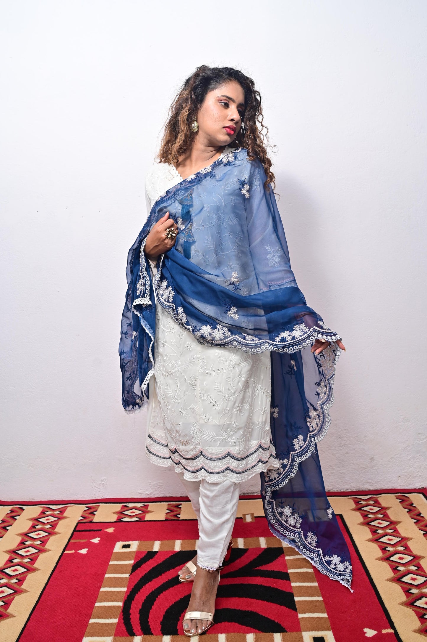 White Georgette embroidery with Navy Blue Organza Dupatta