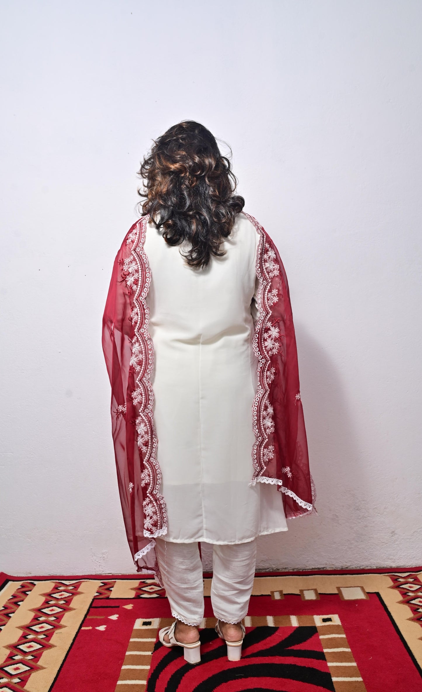 White Georgette embroidery with Maroon Organza Dupatta