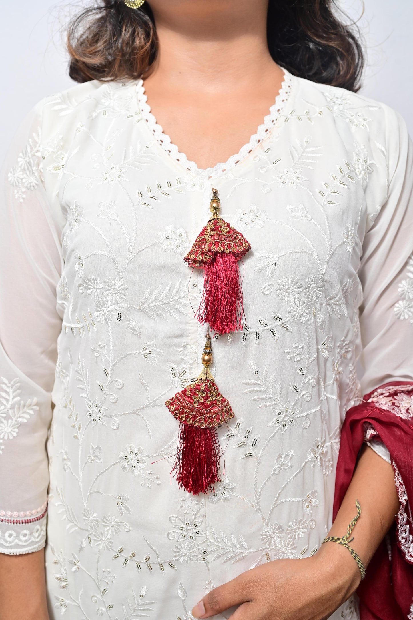 White Georgette embroidery with Maroon Organza Dupatta