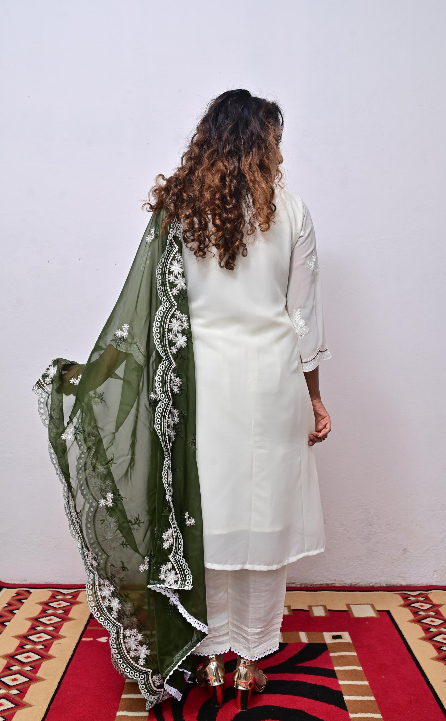 White Georgette embroidery with Moss Green Organza Dupatta