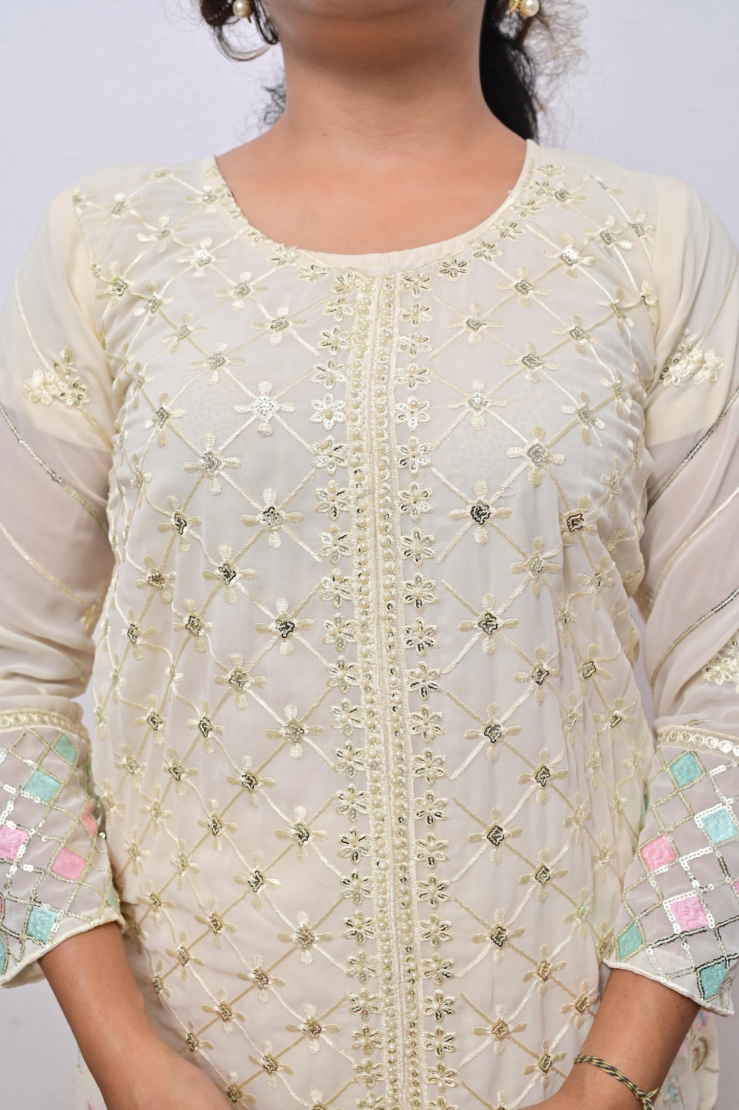 Ivory Cream Faux Georgette embroidery with Sequin embroidery work Dupatta