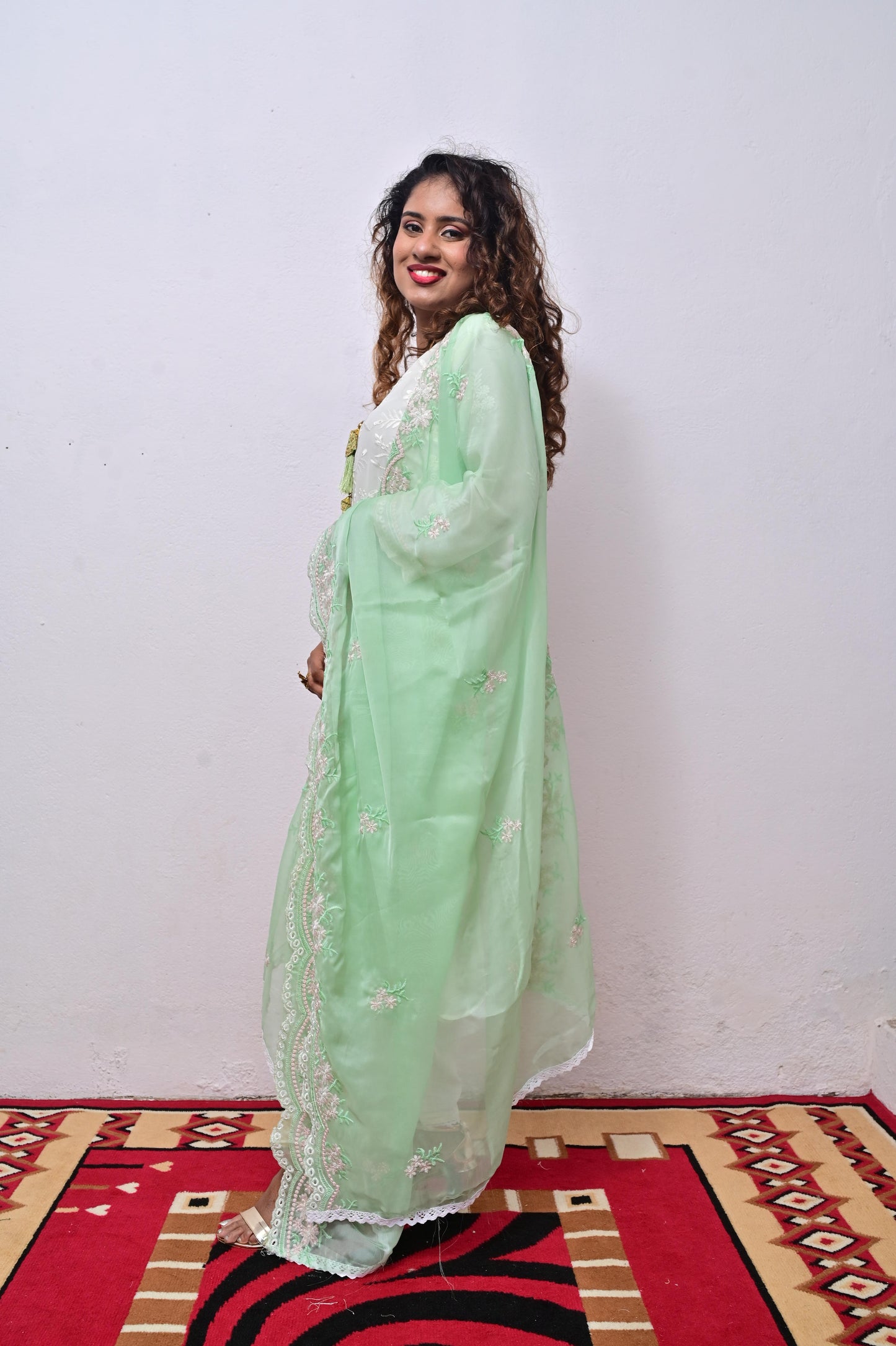 White Georgette embroidery with Chinoise Green Organza Dupatta