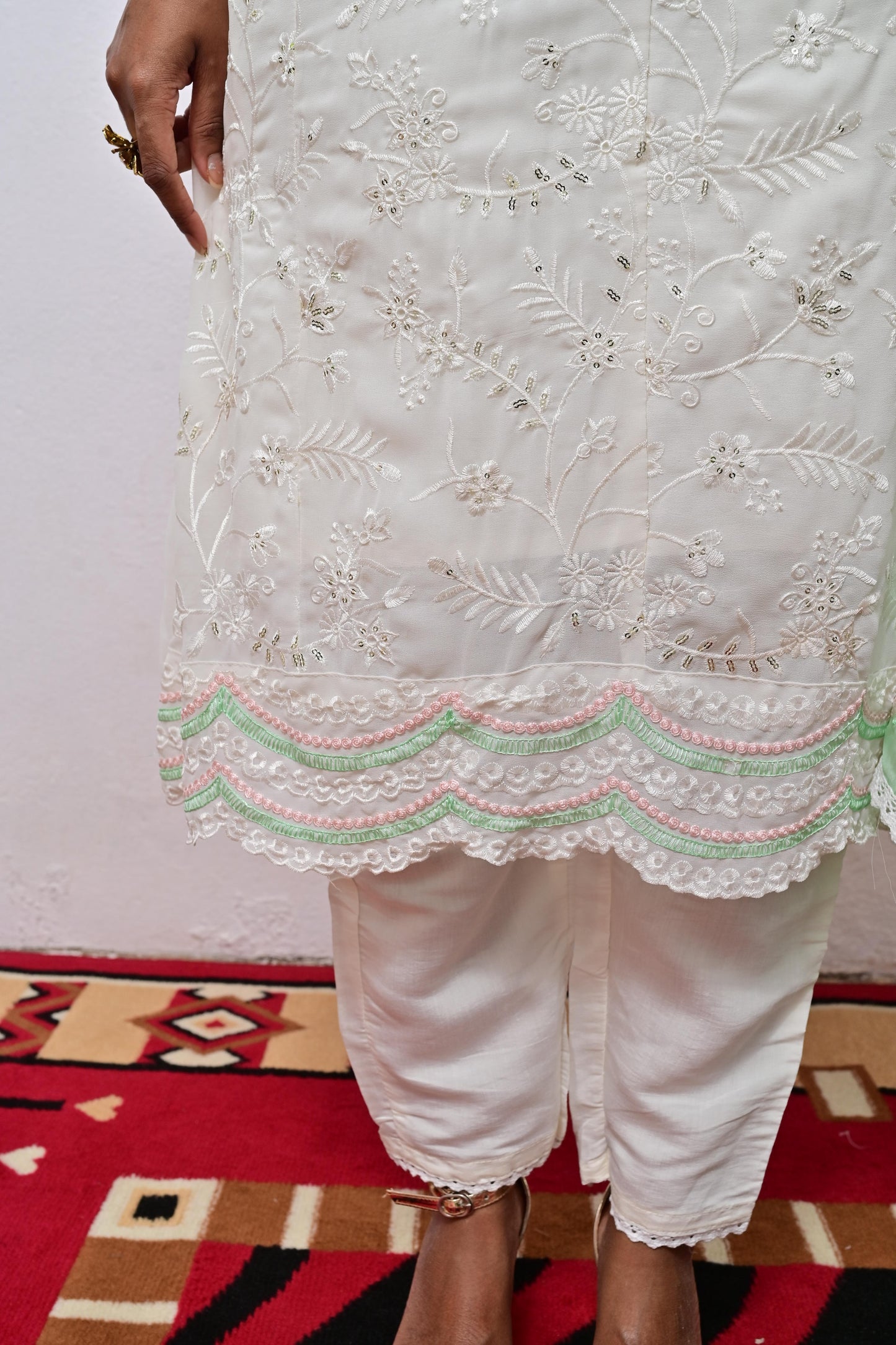 White Georgette embroidery with Chinoise Green Organza Dupatta