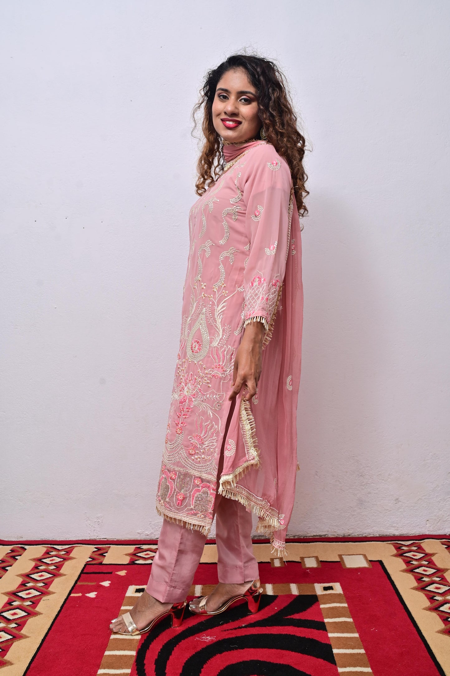 Millenial Pink Faux Georgette embroidery with Sequin embroidery work Dupatta