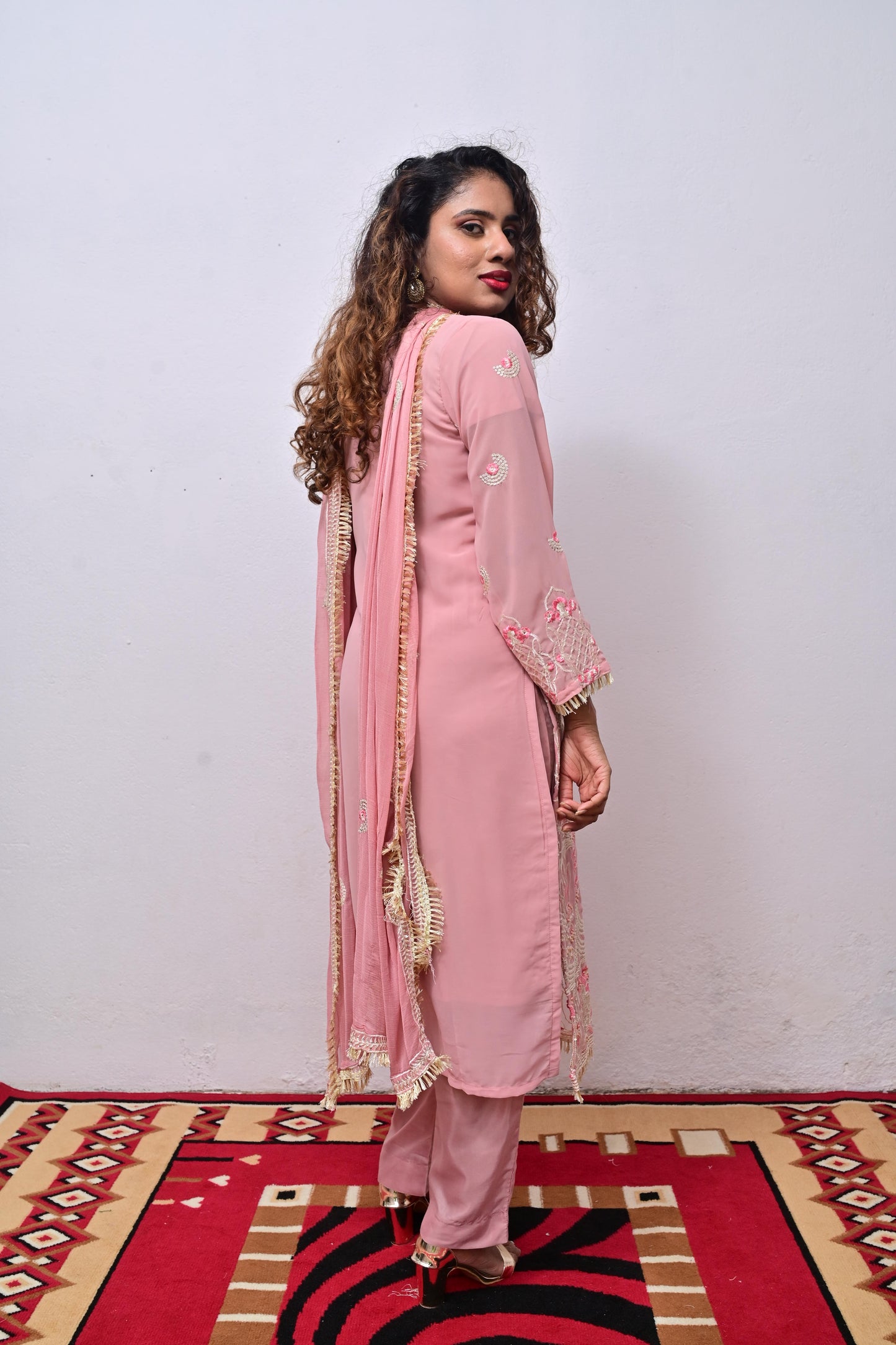 Millenial Pink Faux Georgette embroidery with Sequin embroidery work Dupatta