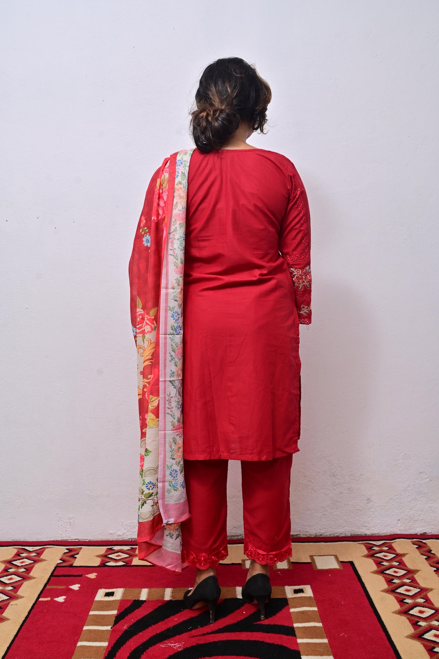 Red Heavy Chikankari Cotton with digital print dupatta