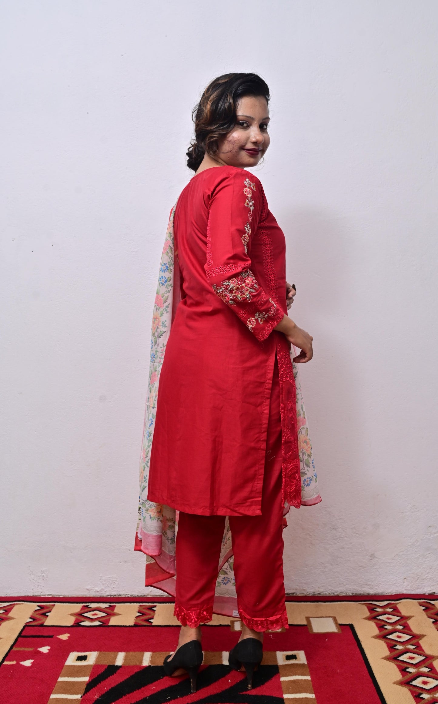 Red Heavy Chikankari Cotton with digital print dupatta