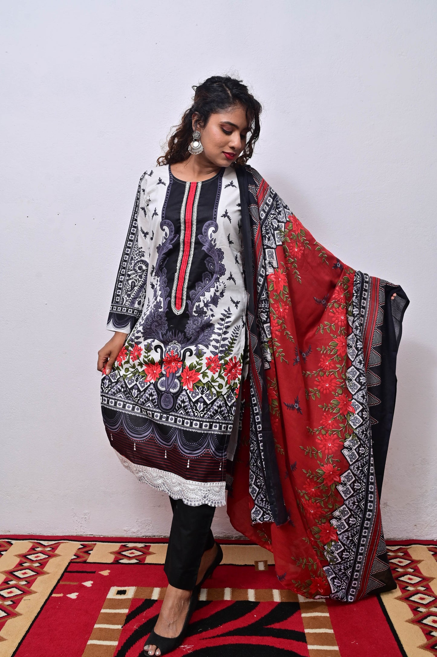 Printed Black and White Cotton embroidery with Digital print Dupatta