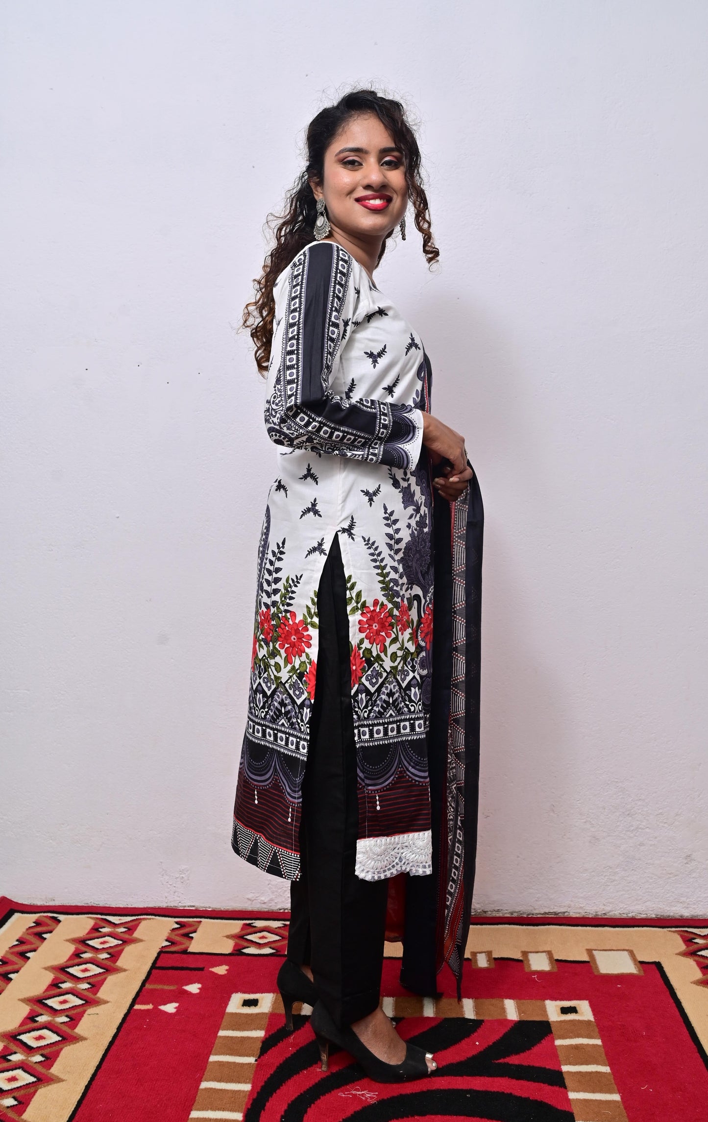 Printed Black and White Cotton embroidery with Digital print Dupatta