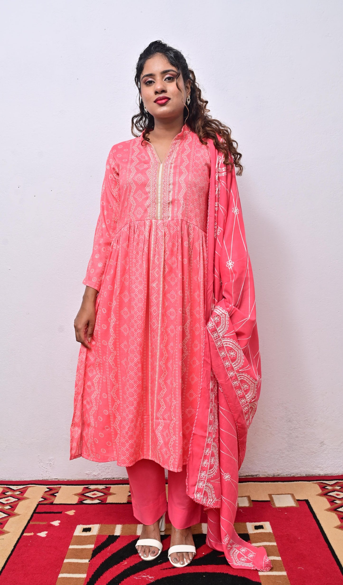 Cerise Pink printed Cotton with embroidery Dupatta