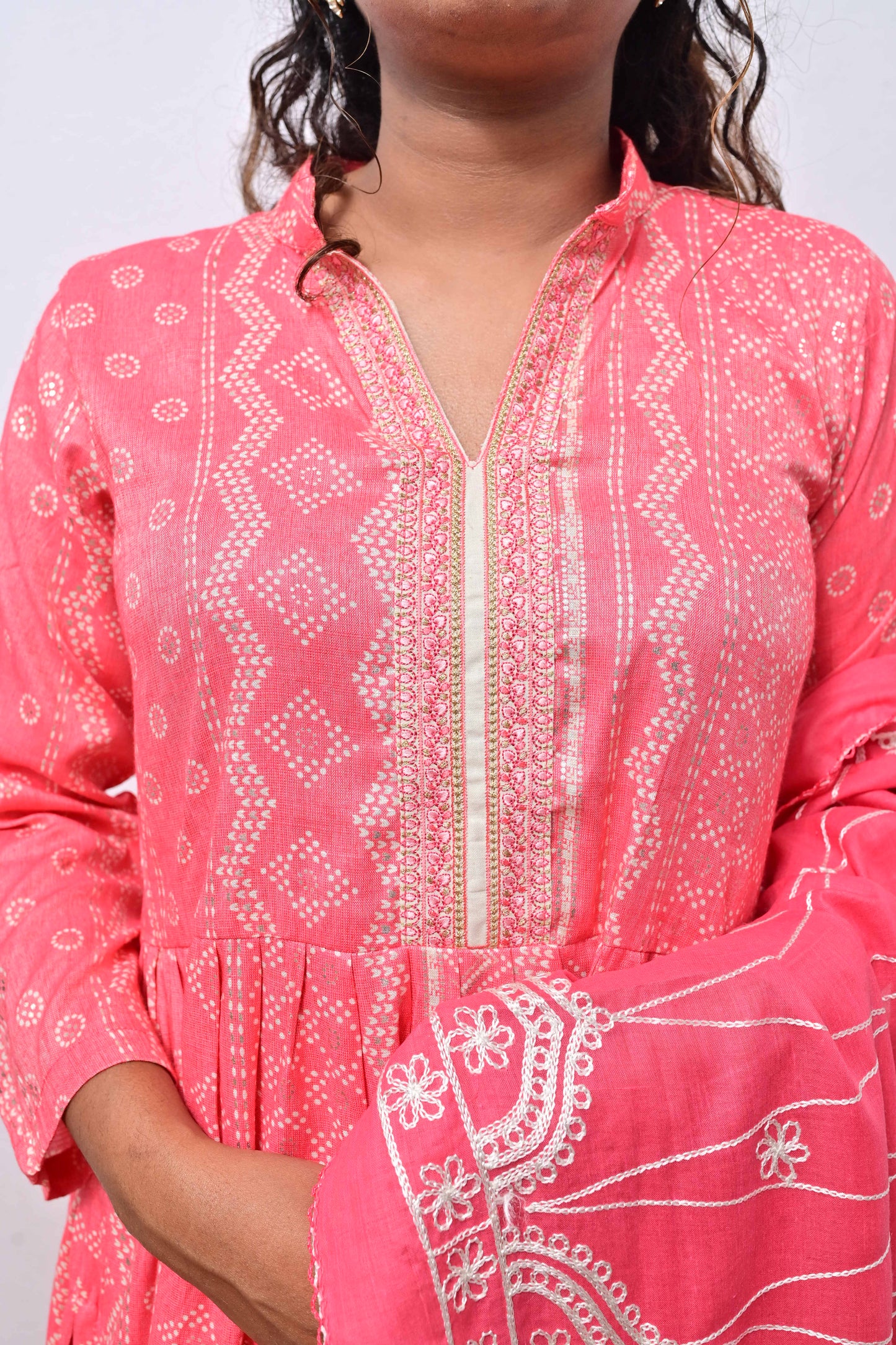 Cerise Pink printed Cotton with embroidery Dupatta