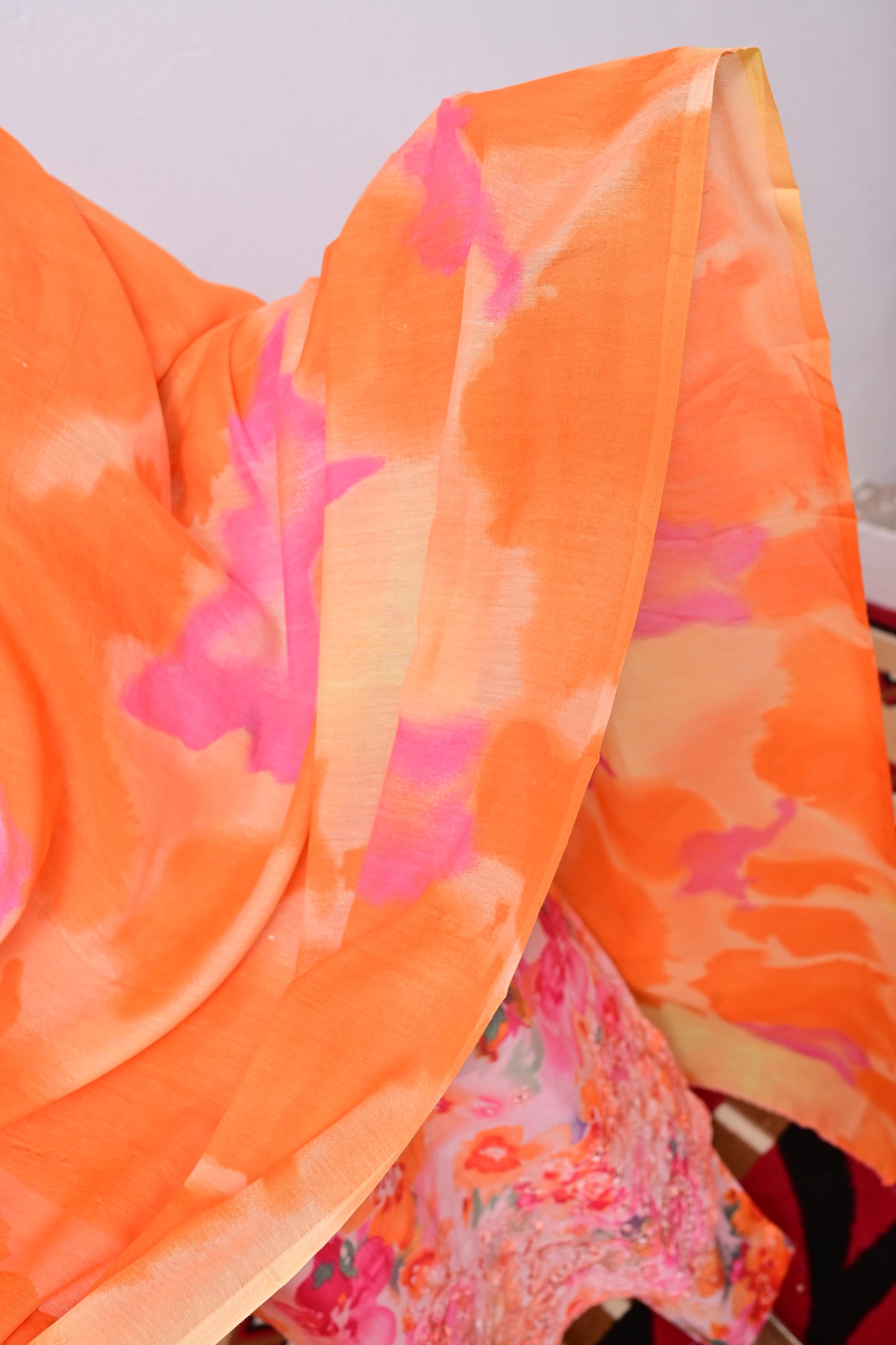 Multi-Orange Cotton Chikankari digital print with tie & dye Dupatta