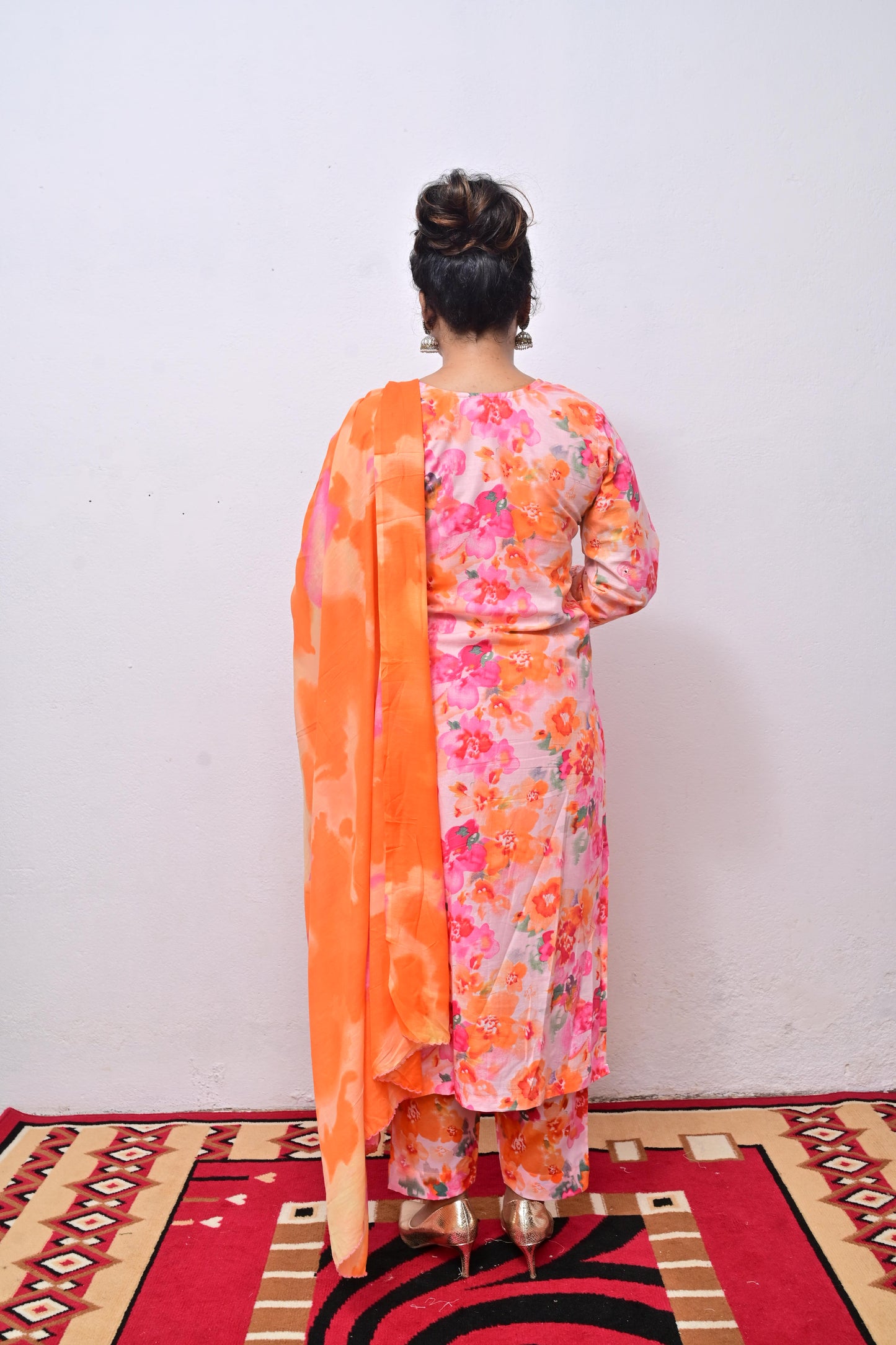 Multi-Orange Cotton Chikankari digital print with tie & dye Dupatta