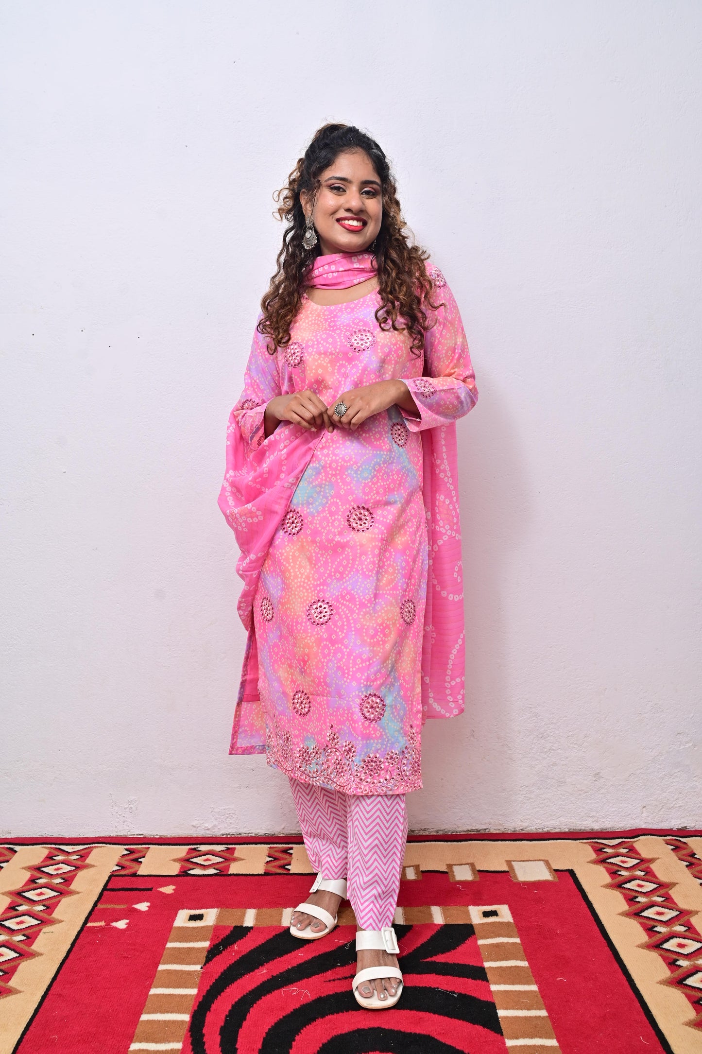 Multi Pink Cotton Chikankari with printed Dupatta