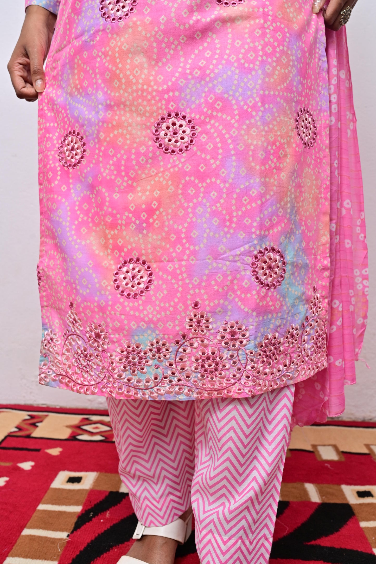 Multi Pink Cotton Chikankari with printed Dupatta