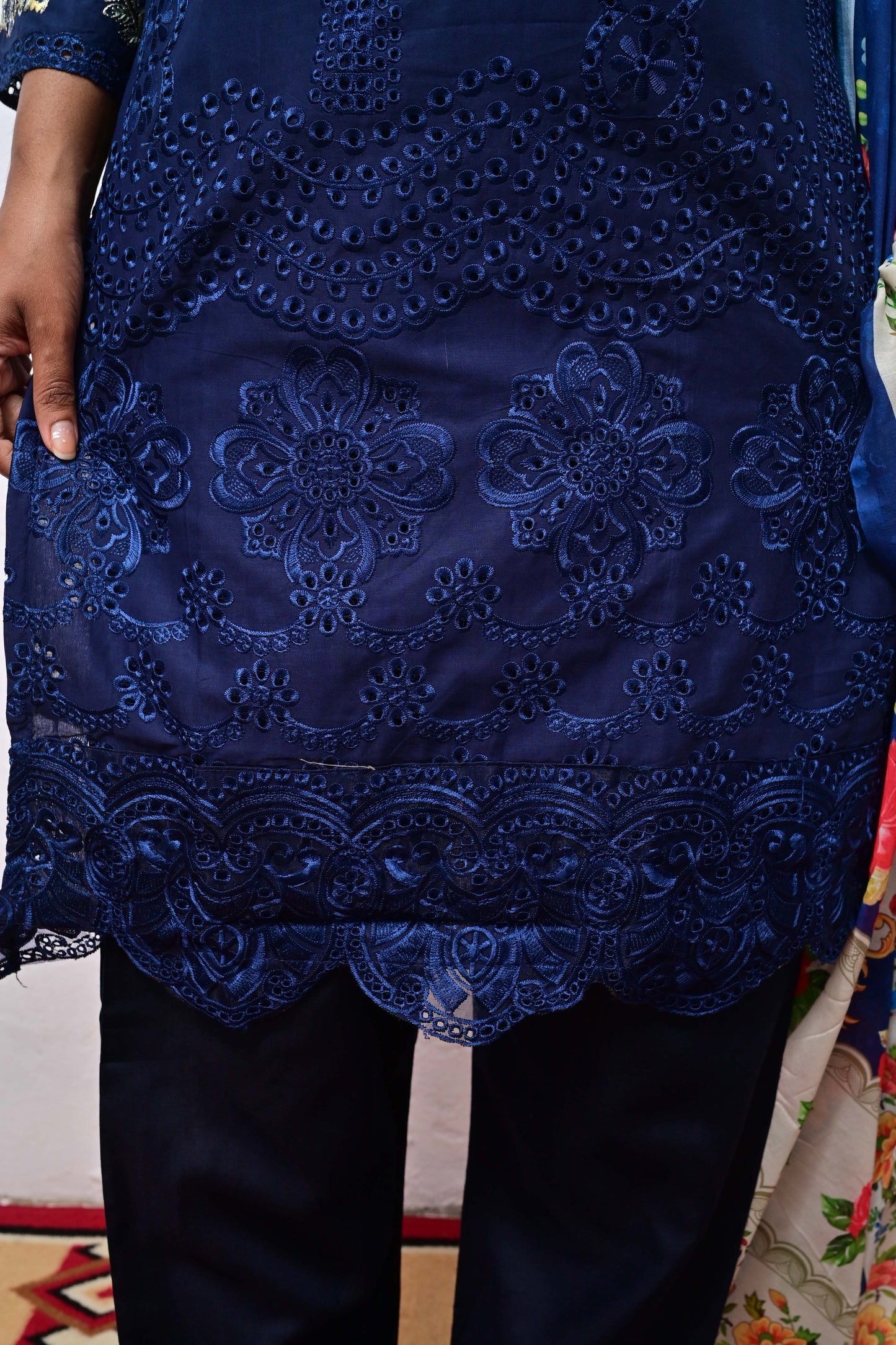 Navy Blue Heavy Chikankari Cotton with digital print dupatta