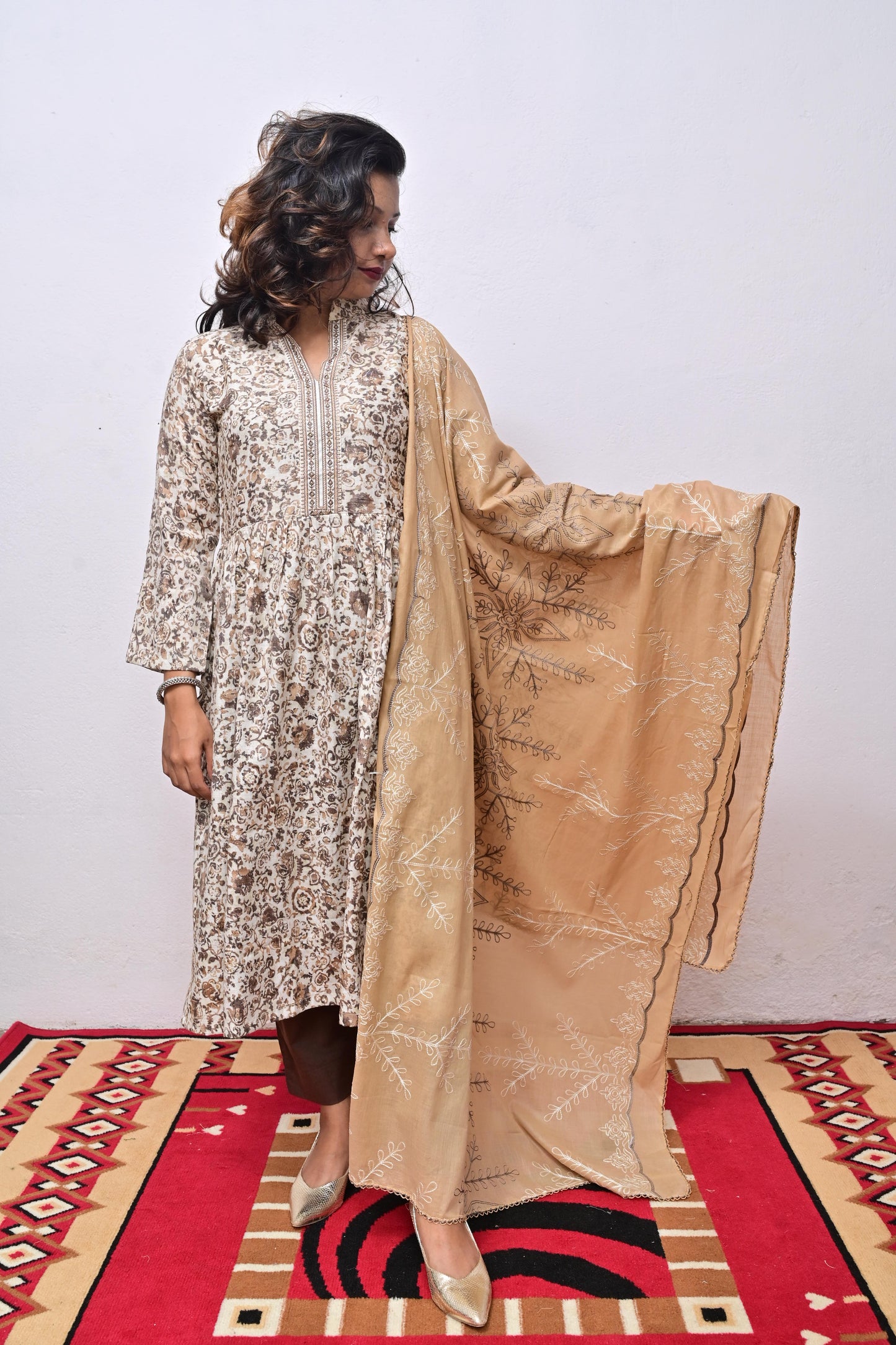 Brown printed Cotton with embroidery Dupatta
