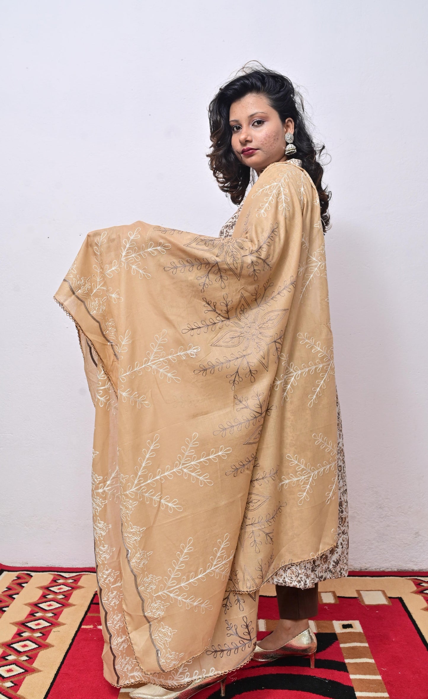 Brown printed Cotton with embroidery Dupatta