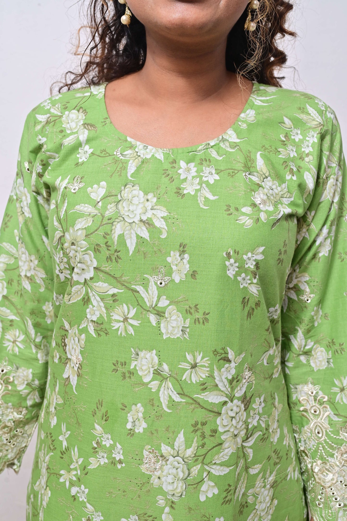 Apple Green Cotton Chikankari digital print with tie & dye dupatta
