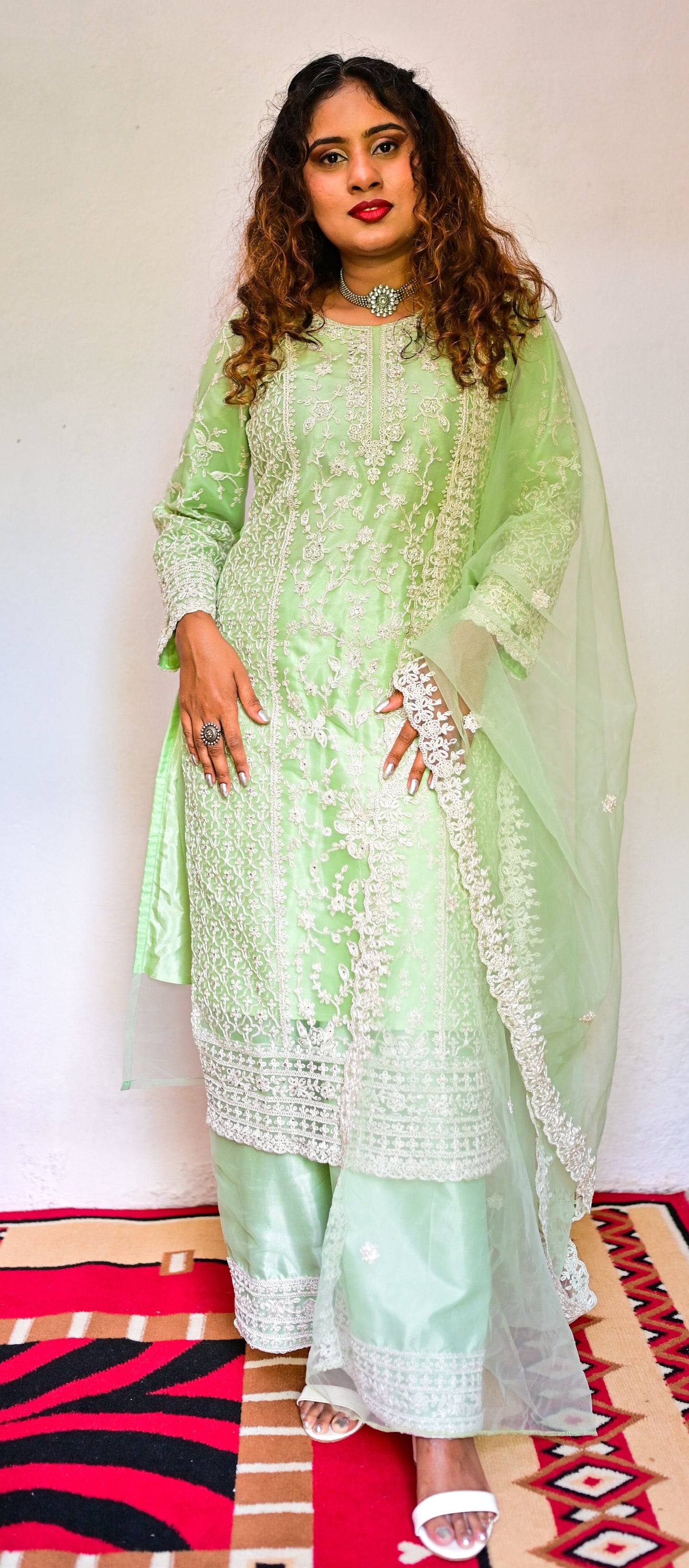 Pista Green heavy butterfly net with coding embroidery work + diamond work Ethnic set