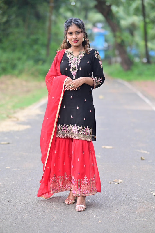 Black and Red georgette embroidery work Sharara with heavy faux dupatta