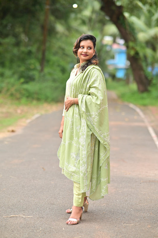 Light Green Cotton printed embroidery with embroidery Dupatta