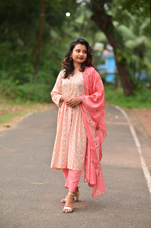 Flamingo Pink printed Cotton with embroidery Dupatta