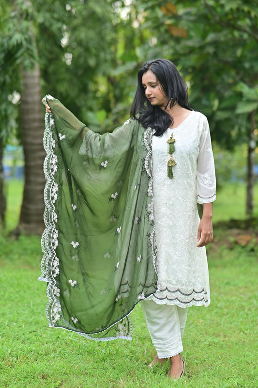 White Georgette embroidery with Moss Green Organza Dupatta